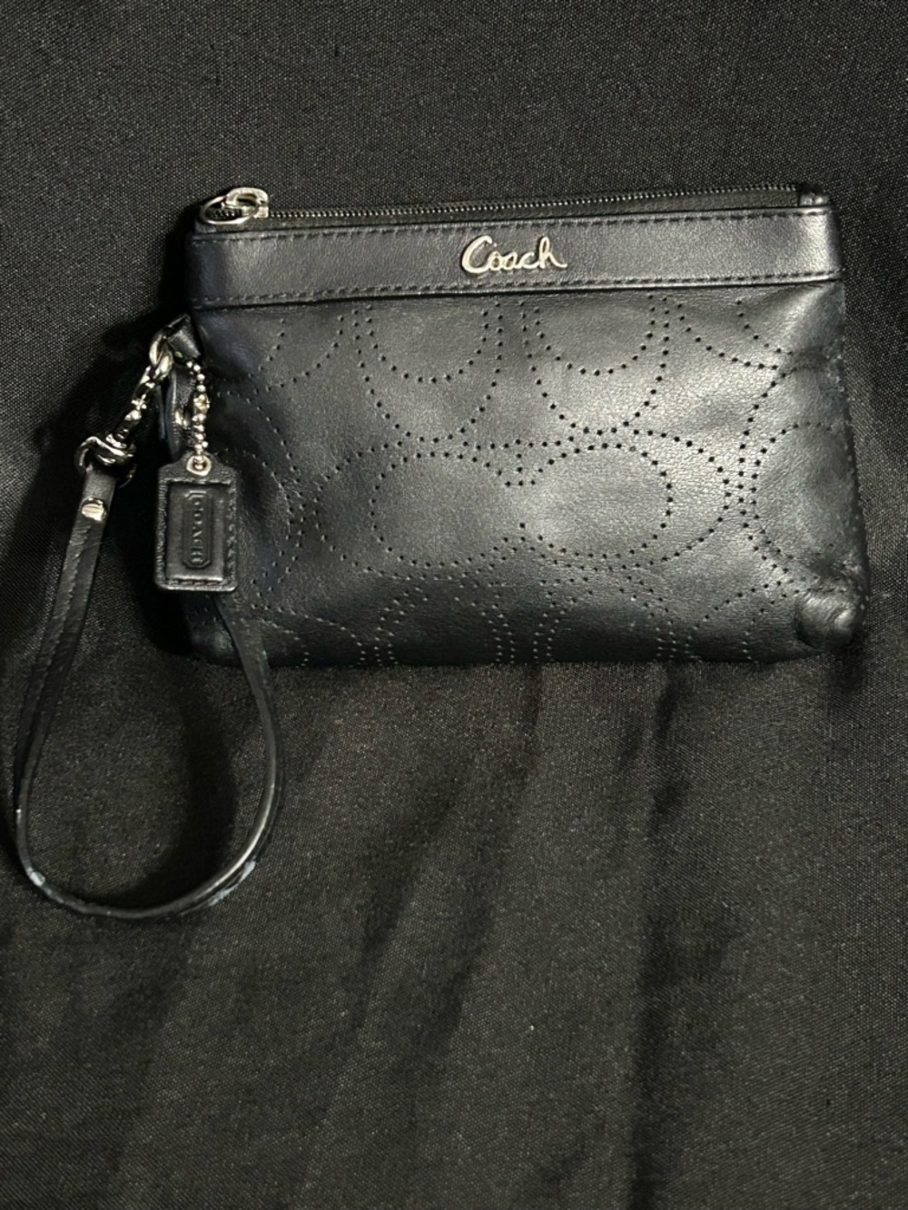 Coach Black Perforated Signature Leather Wristlet Wallet